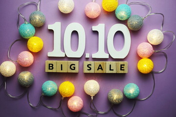 10.10 Big Sale alphabet letter with LED cotton balls on purple background
