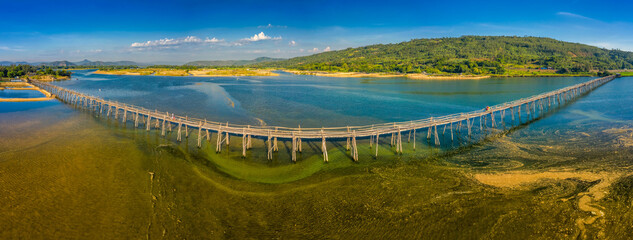 Aerial view of Ong Cop or Mr Tiger wooden bridge at Phu Yen, Vietnam. This is the longest wooden bridge in Vietnam