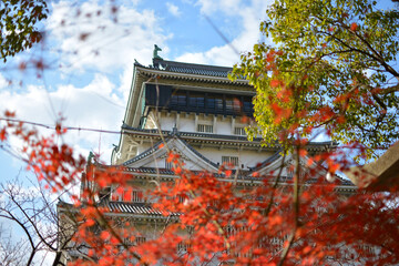 九州小倉城下の紅葉と天守閣の風景