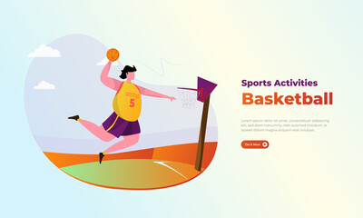 A man jumps to slam the ball into the basket, Basketball sport illustration concept