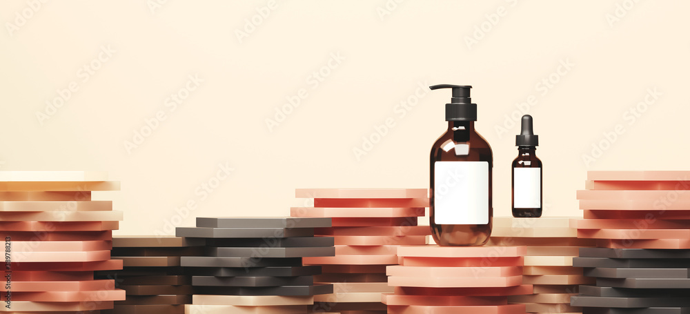 Poster minimal abstract mockup background for product presentation. cosmetic bottle on grey and beige strip