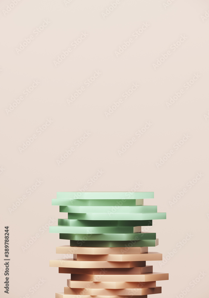 Poster minimal abstract mockup background for product presentation. green and beige stripe podium on beige 