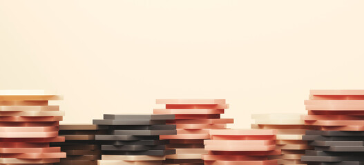 Minimal abstract mockup background for product presentation. Grey and beige stripe podium on beige background. 3d rendering illustration. Clipping path of each element included.