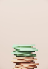 Minimal abstract mockup background for product presentation. Green and beige stripe podium on beige background. 3d rendering illustration. Clipping path of each element included.