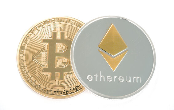 Coin of Silver Ethereum and golden bitcoin isolated on white background