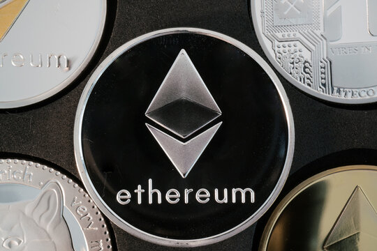 Ethereum cryptocurrency real silver coin closeup