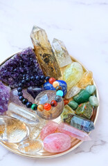 Chakra gemstones crystals, Chakra stone bracelet for Witchcraft Ritual. energy healing minerals. spiritual esoteric practice. 
