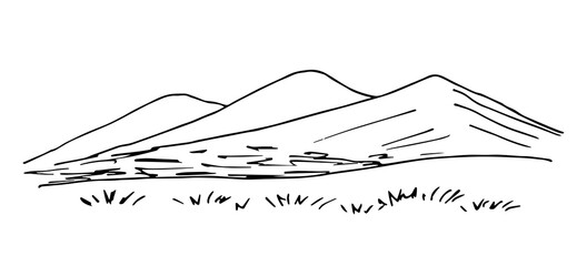 Simple hand-drawn vector drawing in black outline. Mountain landscape, grass, wilderness, hilly area. Tourism, travel. Ink sketch.