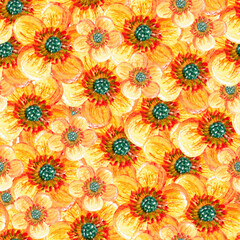 Fototapeta na wymiar seamless pattern of yellow flowers drawn with watercolors and pencils