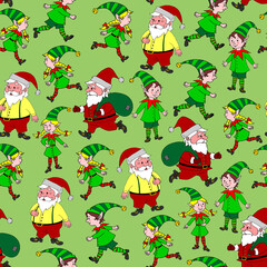 Seamless pattern with Santa Claus, Christmas elfes. New year Xmas backgrounds and textures. For greeting cards, wrapping paper, packaging, textile, fabric, prints