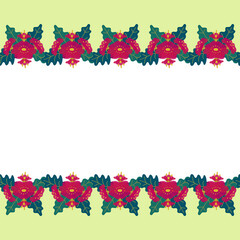 Floral seamless border. Bright background for greeting cards with red-green flowers. Template with copy-space. 