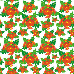 Floral seamless pattern on white background. Bright background with red-green flowers.