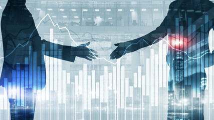 Handshake of man and woman on the background of the stock market