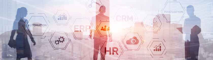 Erp Crm Hr Innovation inscriptions and icons on business background.