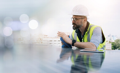 Rooftop solar power plant engineers sitting and examining photovoltaic panels. Concept of...