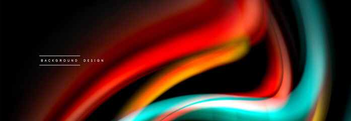 Dynamic motion abstract background. Color blurred stripes on black. Wave liquid lines poster. Vector illustration