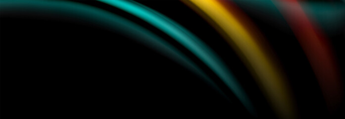 Dynamic motion abstract background. Color blurred stripes on black. Wave liquid lines poster. Vector illustration