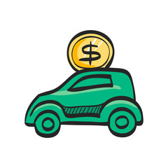 Car piggy bank icon in color drawing. Saving kids banking car automotive automobile