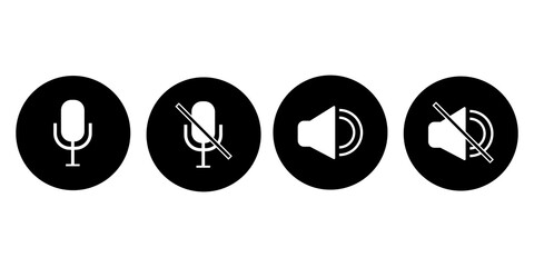 Vector sound on and off icons. Microphone on mute button. Silence symbol. Chat buttons. Stock image. EPS 10.