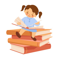 A girl sits on a stack of books, reads a book.Education concept. Vector illustration in cartoon style. Isolated on white.