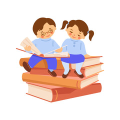 A boy and a girl are sitting on a stack of books and reading a book together. Vector illustration in cartoon flat style.