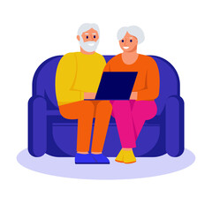 Elderly couple on the couch with a laptop. Vector illustration in flat style. Isolated on white.
