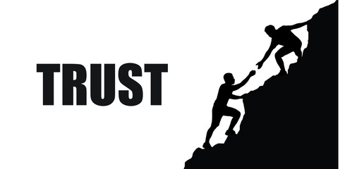 Silhouette of two men hiker helping each other on top of mountain. Teamwork hiking help each other trust assistance.