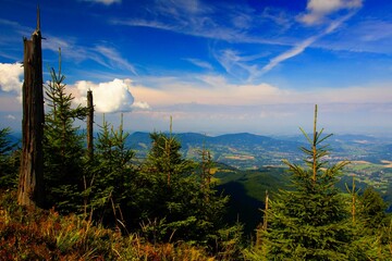 Beskydy mountains. Lysa hora and Ostravice river valley with Ondrejnik in Moravia in the Czech...