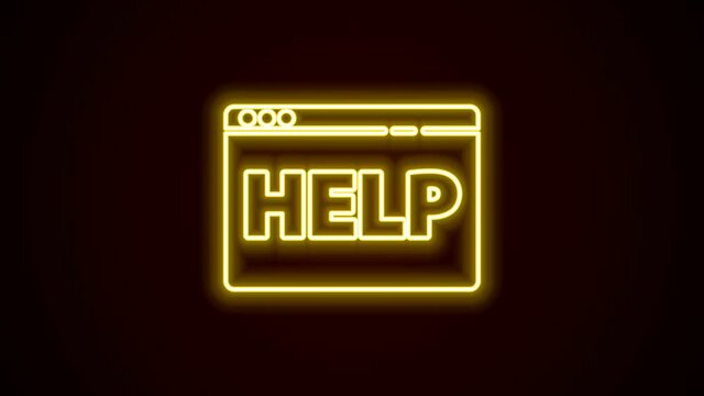 Glowing neon line Browser help icon isolated on black background. Internet communication protocol. 4K Video motion graphic animation