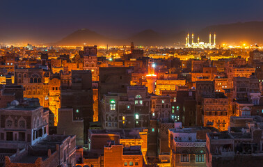 Panorama of Sanaa at night, Yemen