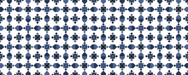 Abstract geometric pattern seamless, vector circle, triangle and square lines art design. Monochrome indigo blue pattern background. Idea for paper, cover, fabric, interior decor and other users.