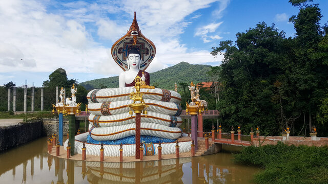 Wat Parian, Nakhon si thammarat, Thailand - September 16, 2020. Muchalinda or Mucilinda, Phaya Naga who protected the Gautama Buddha.