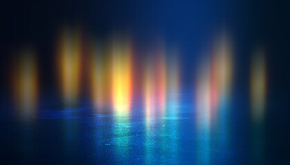 Dark abstract background with neon glow. Blurry neon waves. Light effect. Reflection of blurry fire on the asphalt. 3d illustration