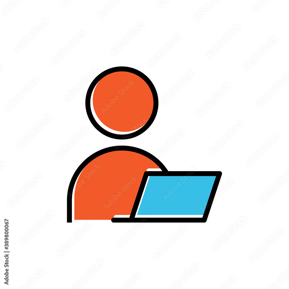 Aufkleber flat icon working with laptop. design template vector