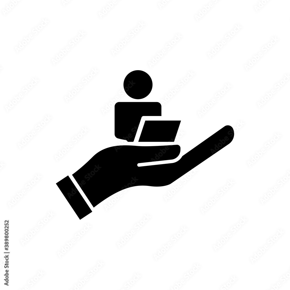 Poster icon works with laptop on hand. design template vector