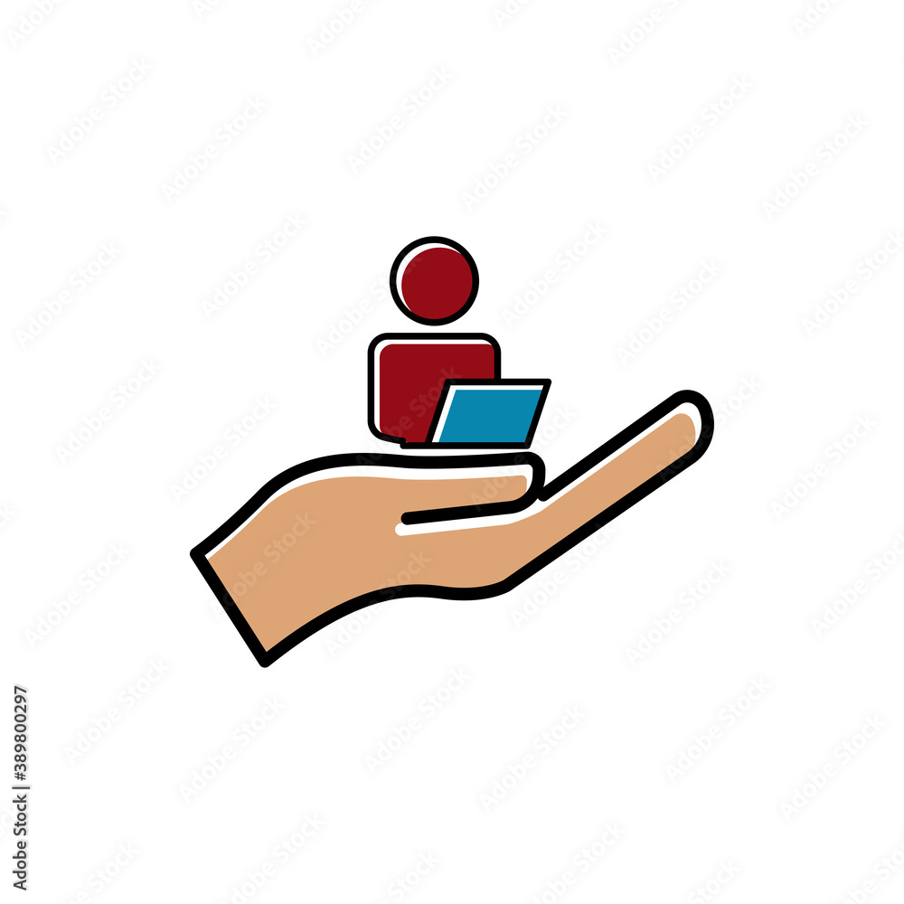 Poster flat icon works with laptop on hand. design template vector