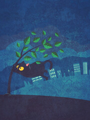 Black cat and tree in wind grunge