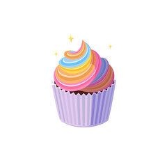Rainbow cupcake with colorful icing. Shining fairy cake in paper cup. Tasty dessert with rainbow colored frosting. Vector illustration in cute cartoon style