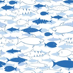 Blue funny print with sharks and fish. Print for fabric and wrapping paper.