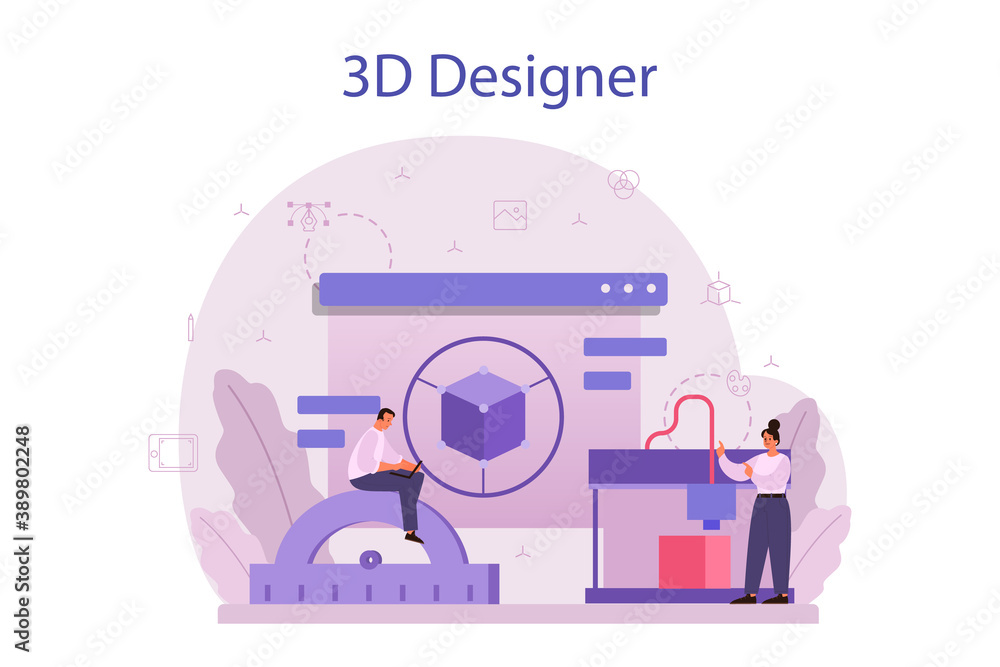 Aufkleber designer 3d modeling concept. digital drawing with electronic tools