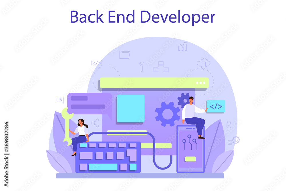 Poster back end development concept. software development process.