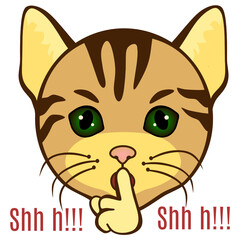 emoji with cat shushing shh h to politely tell people to shut up and be quiet to keep silence, kitty using finger on mouth gesture to stop talking