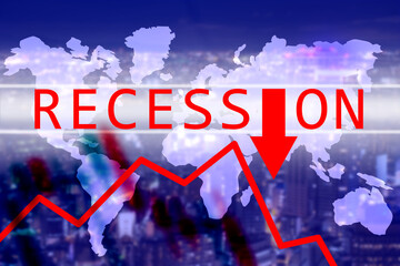 Global recession. Economic crisis all over the world. The word Recession with the recession symbol...
