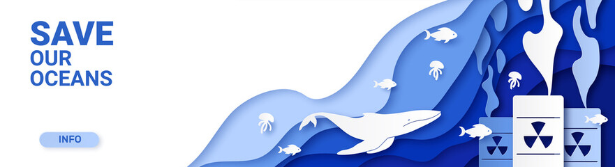 Campaign banner for the protection of the ocean from pollution. Layered paper-style design. Ecology and environment protection. Vector illustration