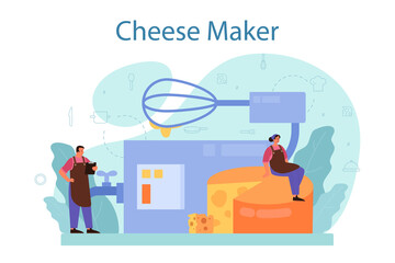 Cheese maker concept. Professional chef making block of cheese