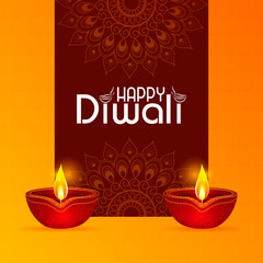 Happy Diwali decorated diya lamp on light festival of India greeting background in vector