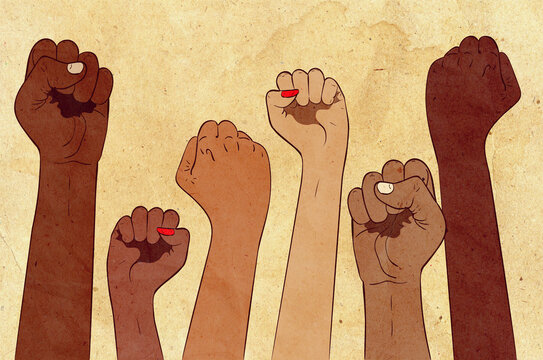 Fists raised up textured banner