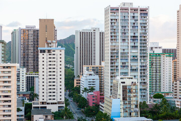 Hotel buildings  of various sizes in central Waikiki, Oahu, Hawaii