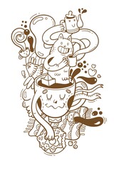 Card with cute cartoon cat drinking coffee. Funny mugs and cups. Tea time print. Vector contour image. Doodle line art.