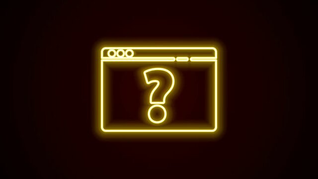 Glowing neon line Browser with question mark icon isolated on black background. Internet communication protocol. 4K Video motion graphic animation